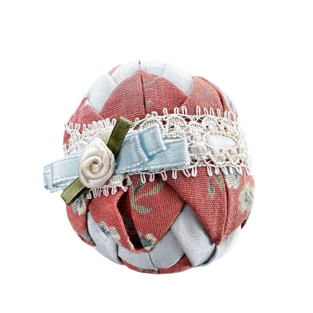 Quilted Fabric Ornament 3.5" Pink Blue‎ Floral Lace Ribbon Rose Egg